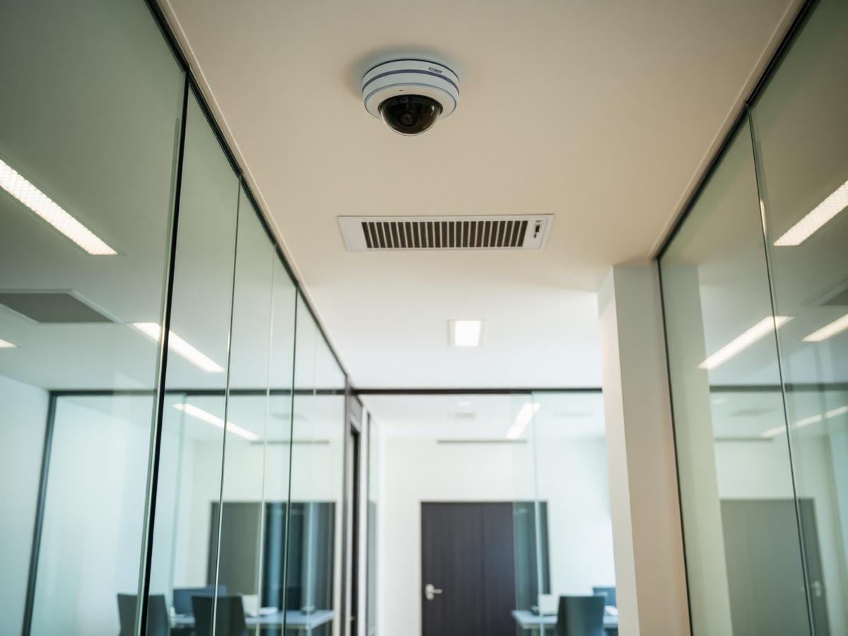 Clean modern office interior with a discreet ceiling dome camera